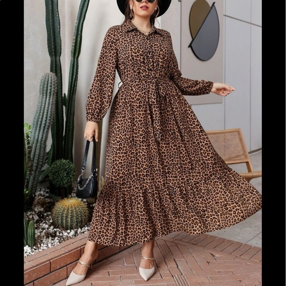 Dresses & Skirts - Boho Plus Size Leopard Animal Print Button Download Shirt belted Maxi Dress
